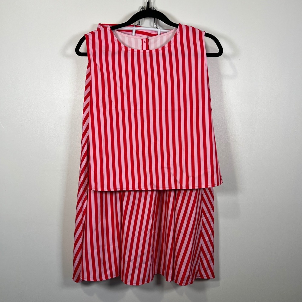 Unbranded Womens Striped Two Piece Crop Top and Midi Skirt Set Red Pink Large